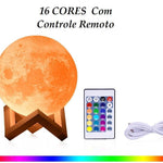 Luminária Lua USB 3D 16 Cores - Abajur Lua - Ajuste de Cores e Intensidade - Frete Gratis
